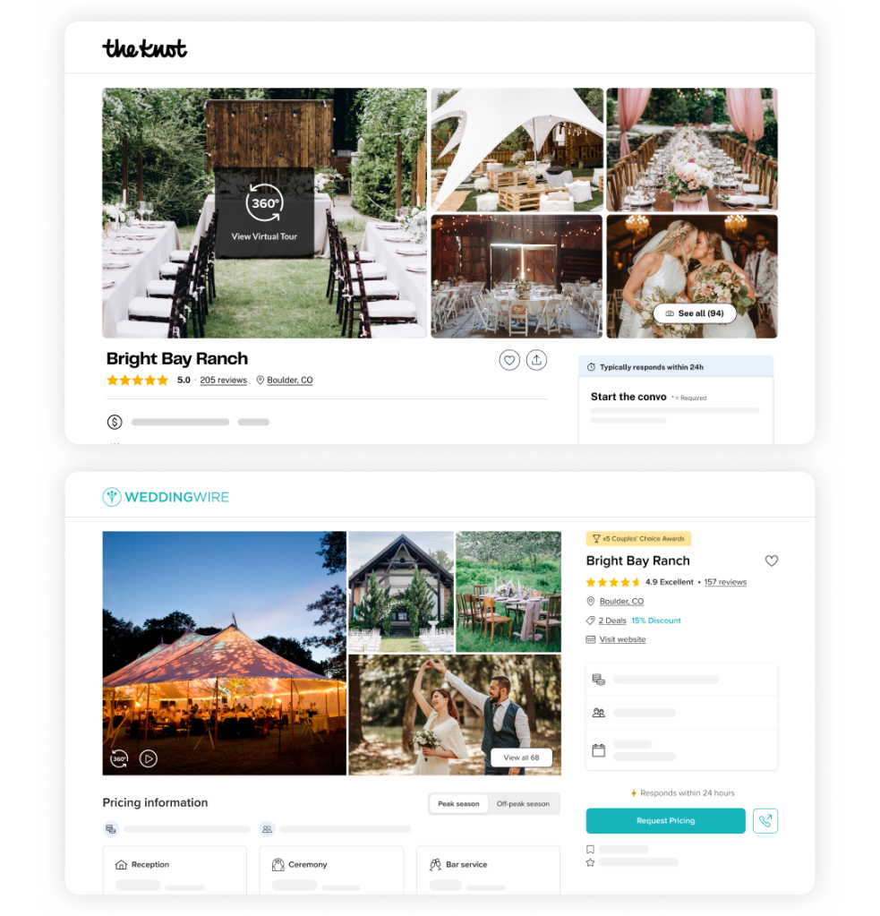 Screenshots of a Vendor Storefront wedding vendor listing on the Knot and WeddingWire websites.