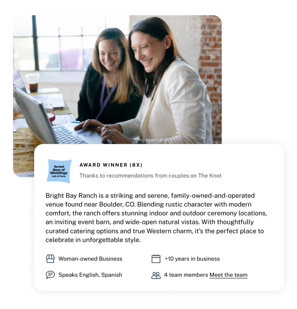 Image of two woman working on a laptop, with a screenshot of a Vendor Storefront About section within their wedding vendor listing.