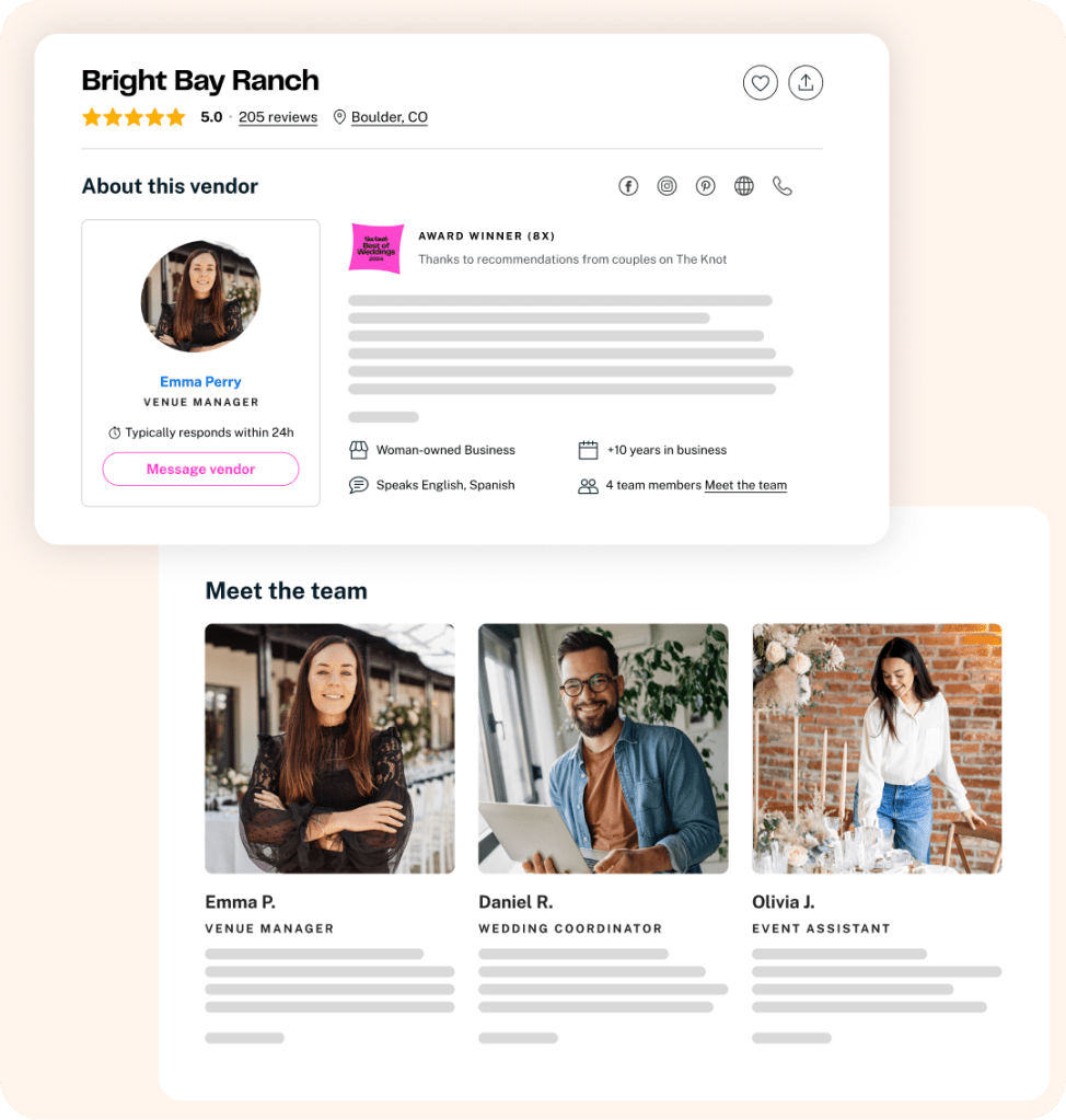 Example images of a Vendor Storefront About section within their wedding vendor listing.