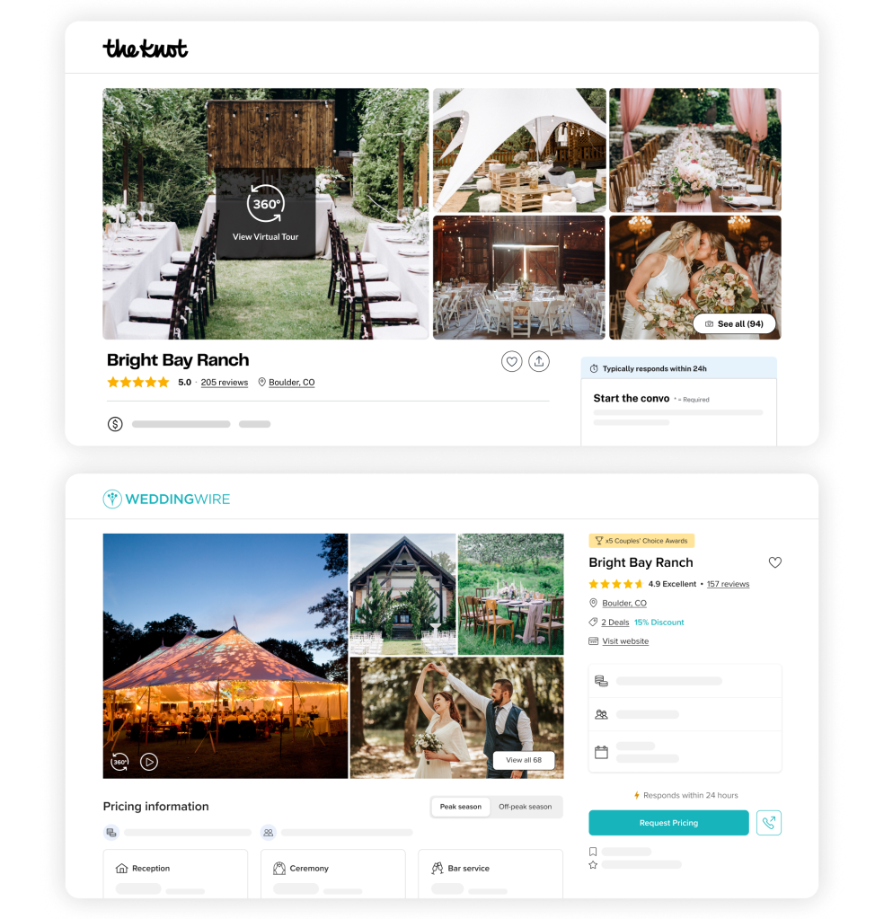 Venue listing featured on both The Knot and WeddingWire simultaneously