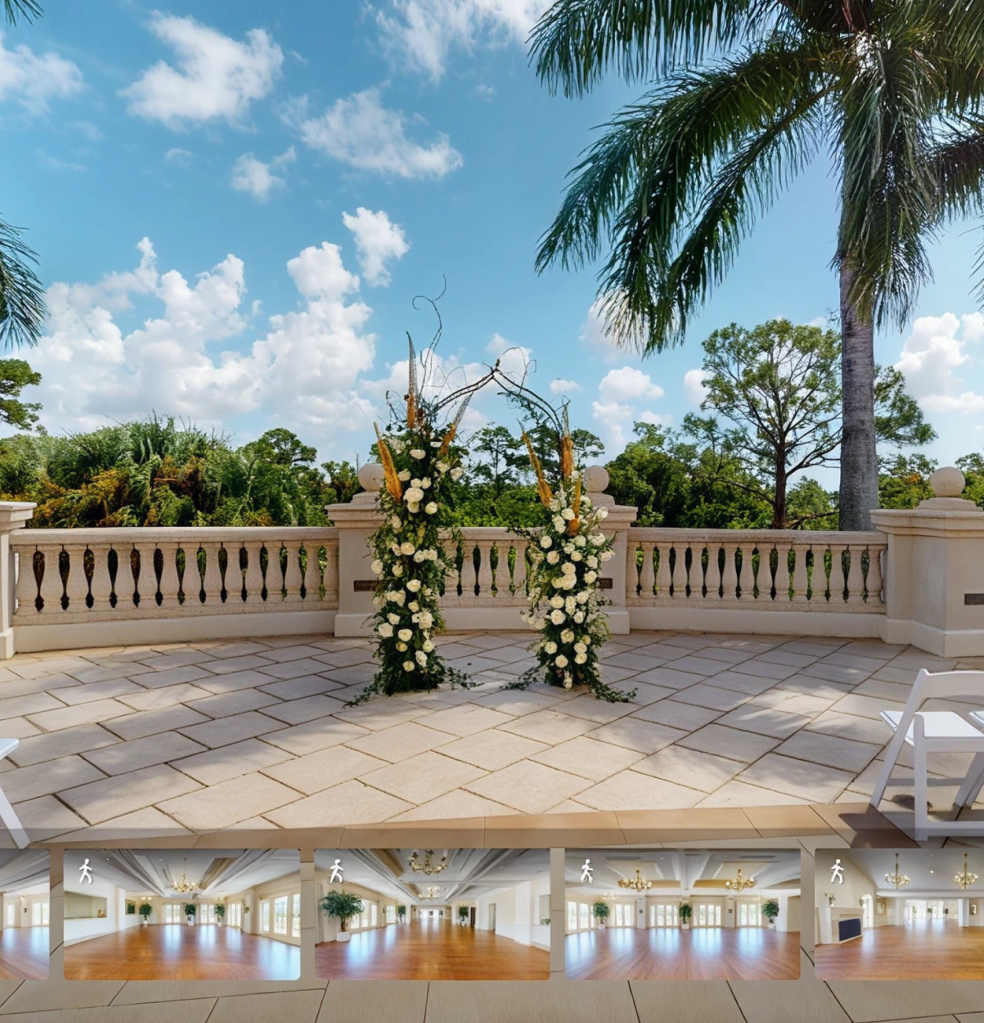 Sample images from a 360 virtual tour, which is a complementary service exclusively offered to reception venues with Premium advertising on both The Knot and WeddingWire.